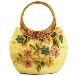 Vintage Straw Purse Bag With Embroidered Floral Motif